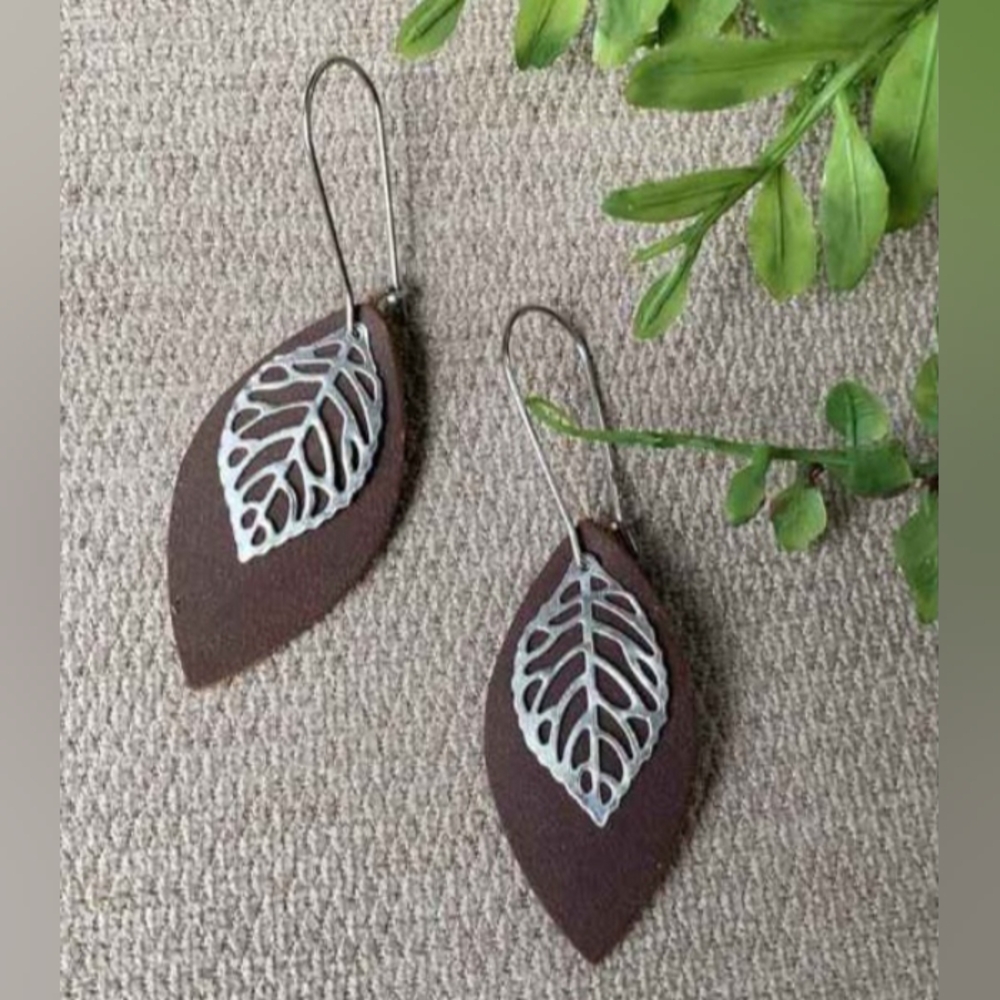Leather Leaf Earrings Rustic Brown Leather Petal with Stainless steel Leaf Charm